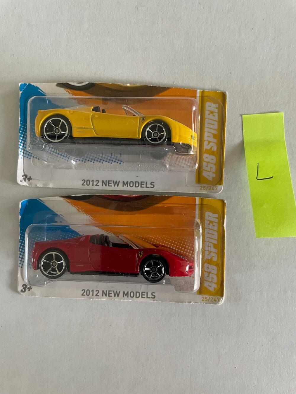 2 Ferrari 458 Spider 2012 Red Yellow Mattel Hot Wheels Toy Cars NEW